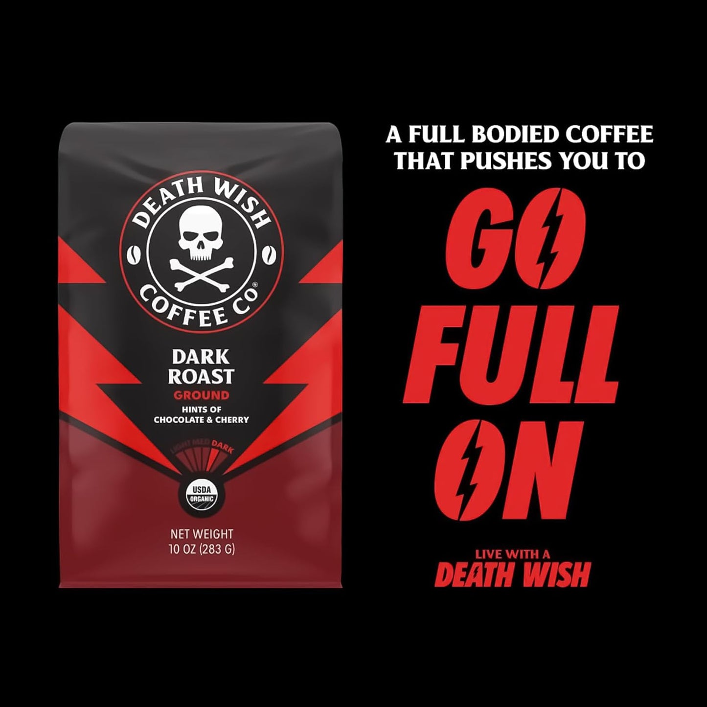 Death Wish Coffee Co.® Dark Roast – Organic Ground Coffee with Extra Caffeine (454 g)