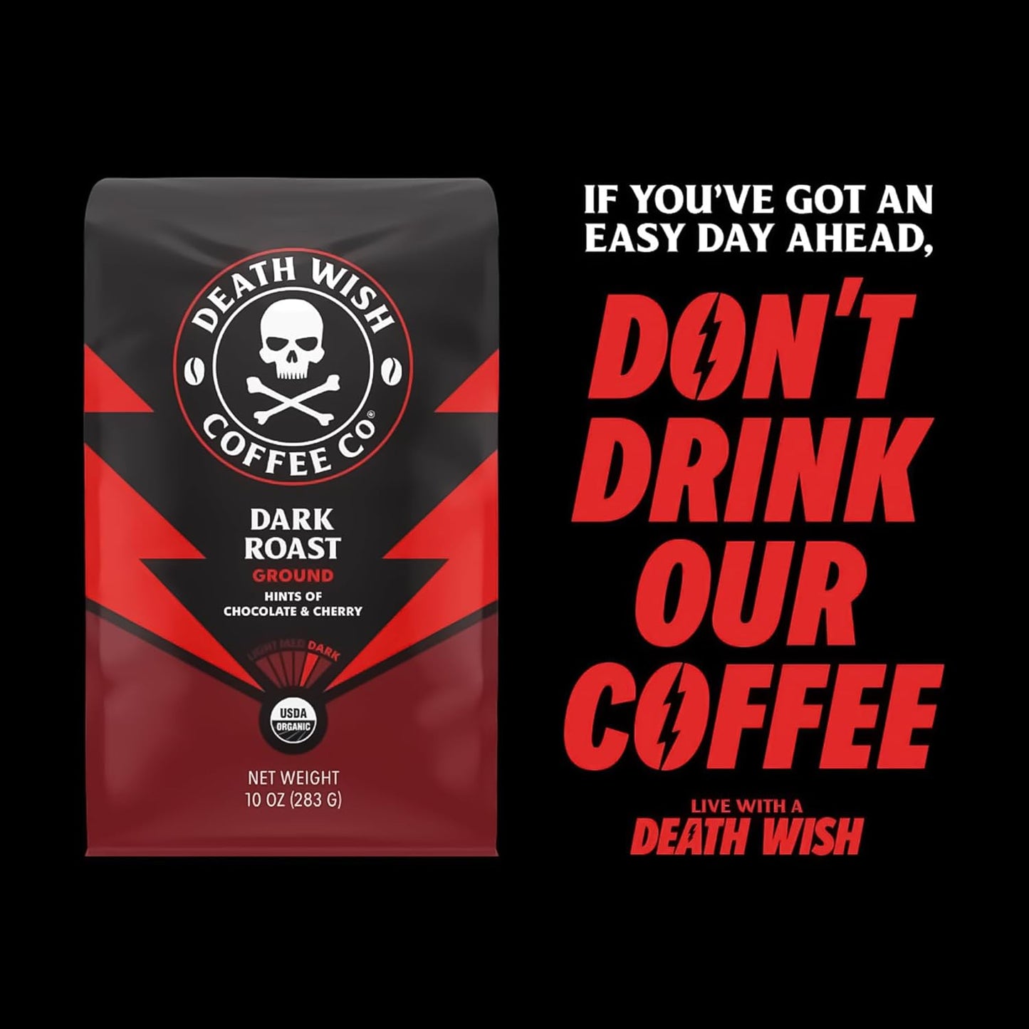 Death Wish Coffee Co.® Dark Roast – Organic Ground Coffee with Extra Caffeine (454 g)