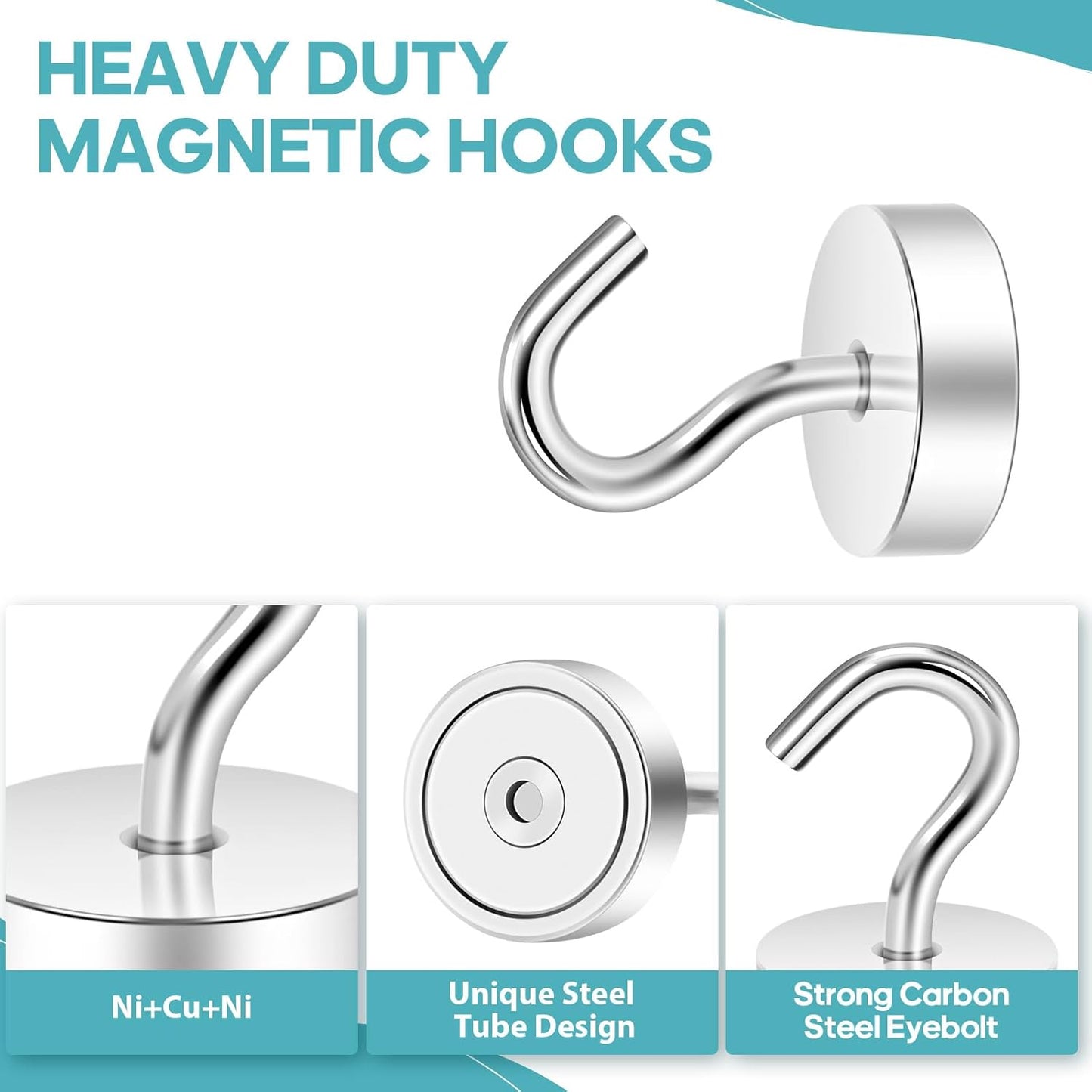 Magnetic Hooks, 10-Pack – Heavy Duty Neodymium with Polished Silver Finish
