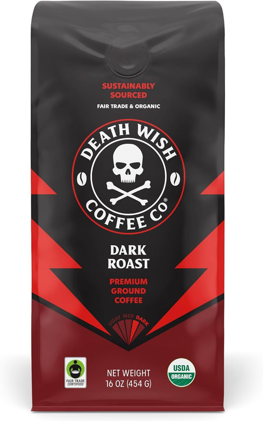 Death Wish Coffee Co.® Dark Roast – Organic Ground Coffee with Extra Caffeine (454 g)