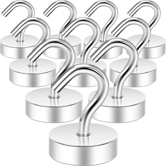 Magnetic Hooks, 10-Pack – Heavy Duty Neodymium with Polished Silver Finish