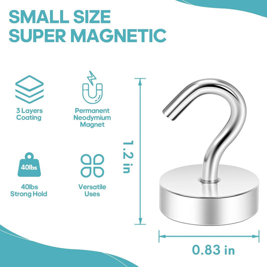 Magnetic Hooks, 10-Pack – Heavy Duty Neodymium with Polished Silver Finish